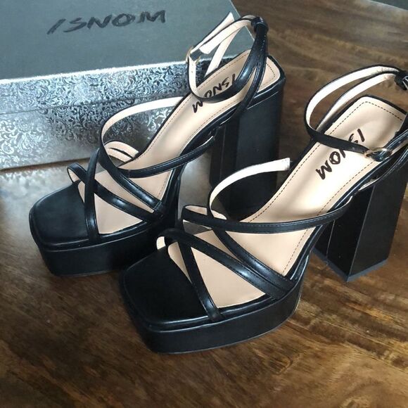 ISNOM Platform Chunky Block Heel Sandals with Open Square Toe size 7 - Picture 7 of 11